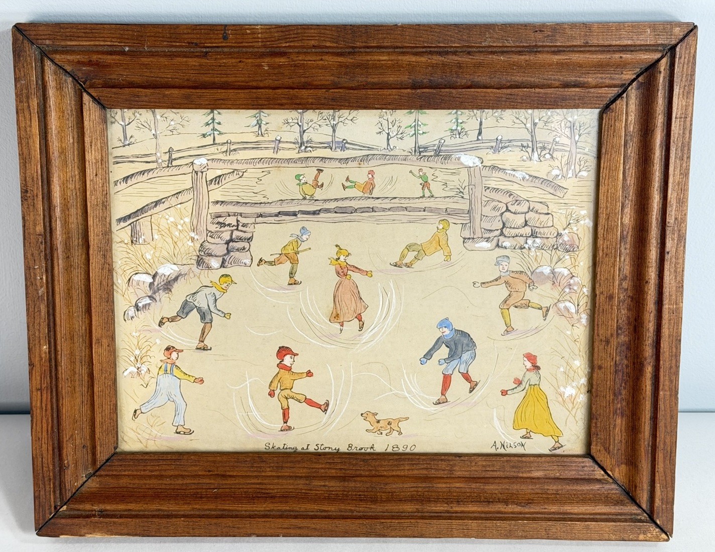 Antique Hand Colored Print Skating At Stony Brook 1890 Framed Nilson
