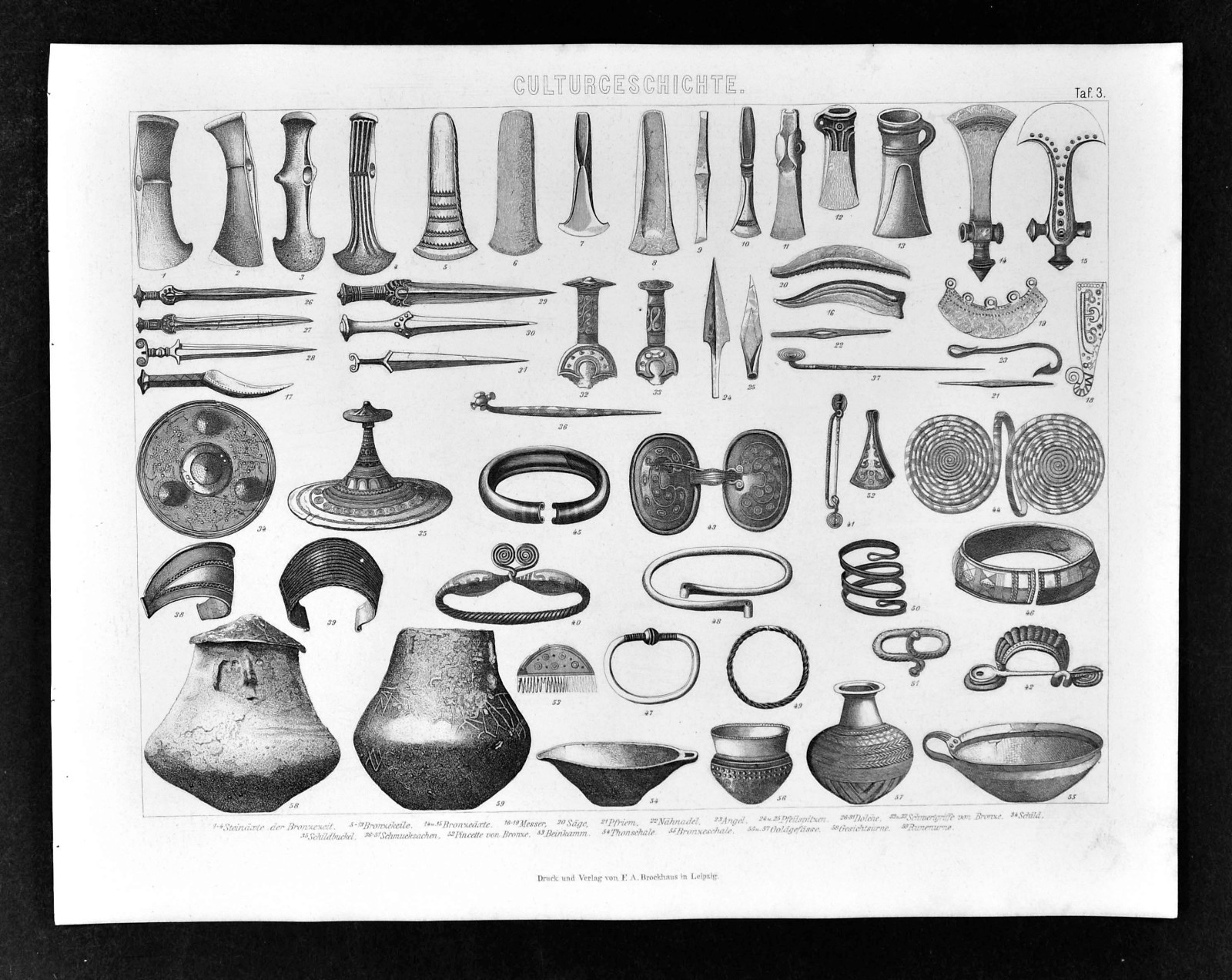 1874 Bilder Print – Bronze Age Artifacts – Celts Axe Daggers Ceramic Jewelery