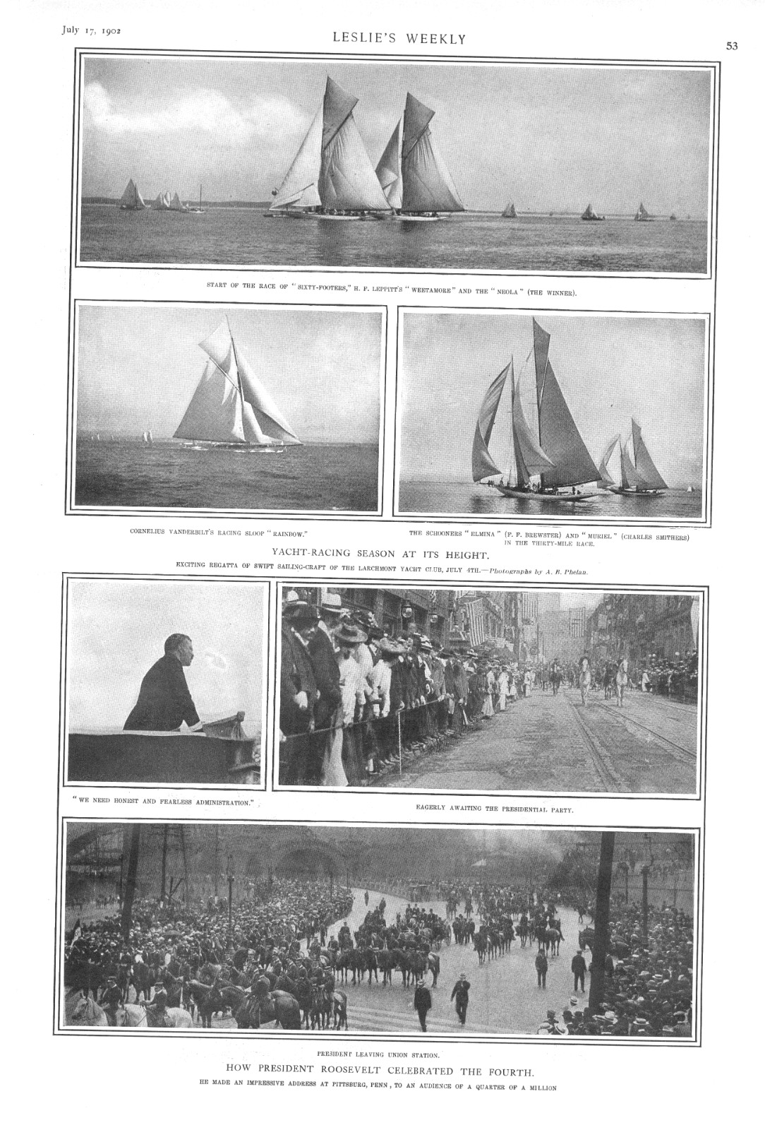 Roosevelt Celebrates the 4th – Yacht Racing – Boston R R under the Sea – 1902