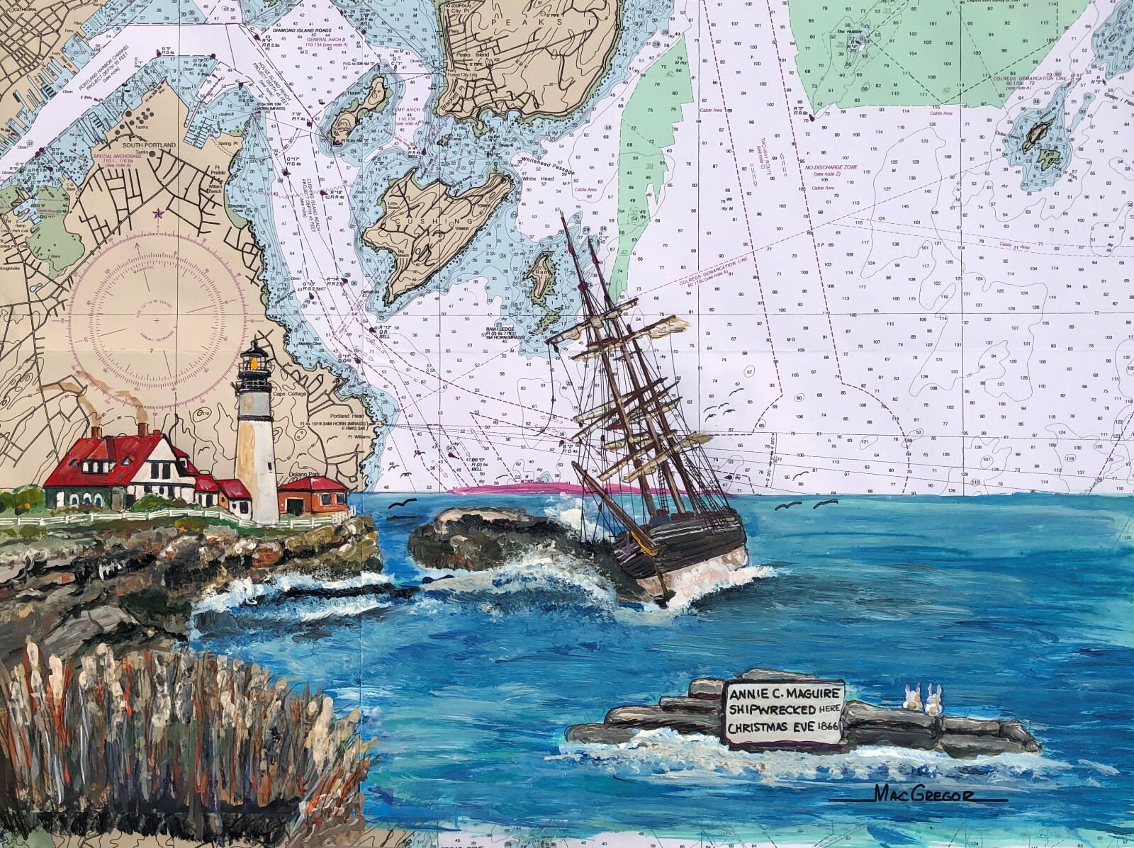 Portland Head Lighthouse Annie C Maguire Shipwreck art print Portland Harbor ME