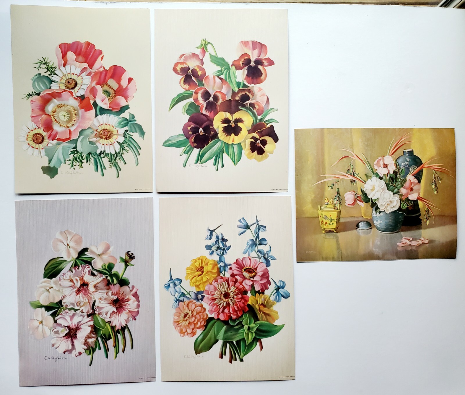 5 Diff. Vintage 1940s Litho Prints E.Witzleben Flowers Asian Vase