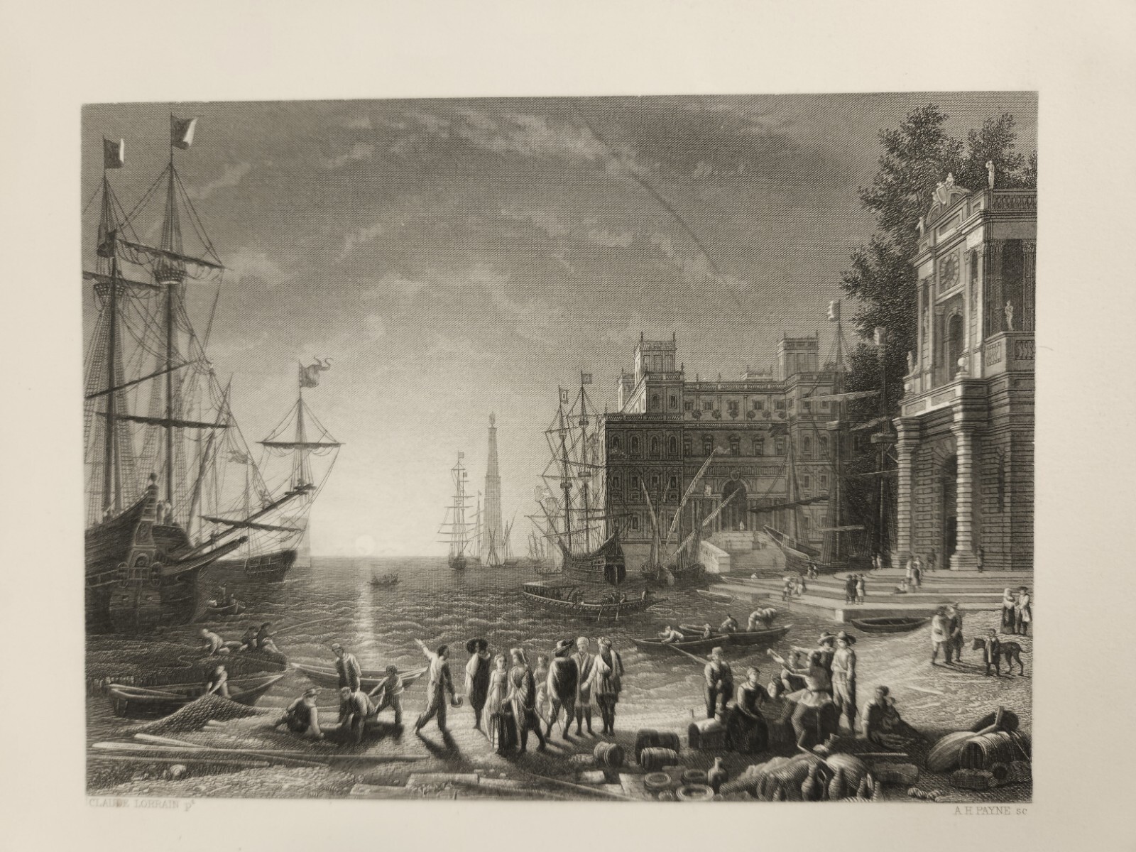 Vintage Marine Scene Windjammers People At Harborside 19th Century Engraving