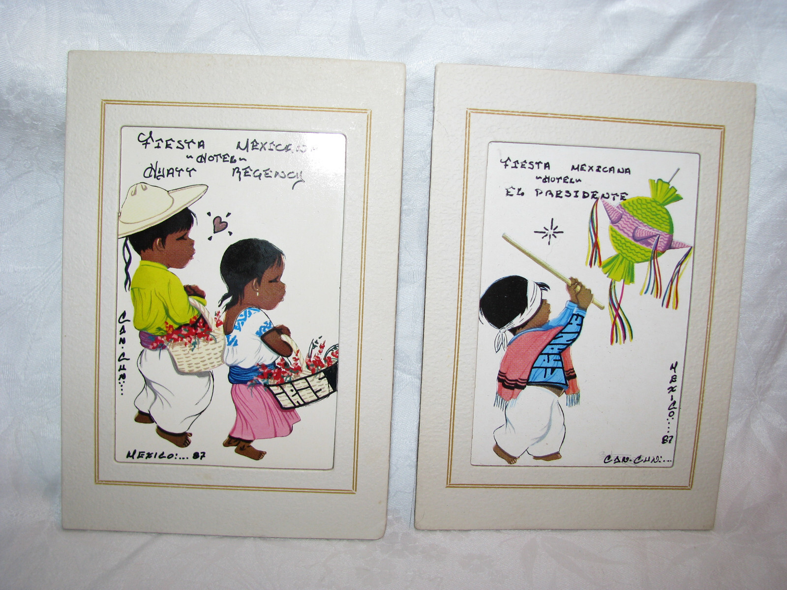 1987 Pair of 6-1/2″ x 4-1/2″ Matted Fiesta Cute Mexican Children Cancun Prints