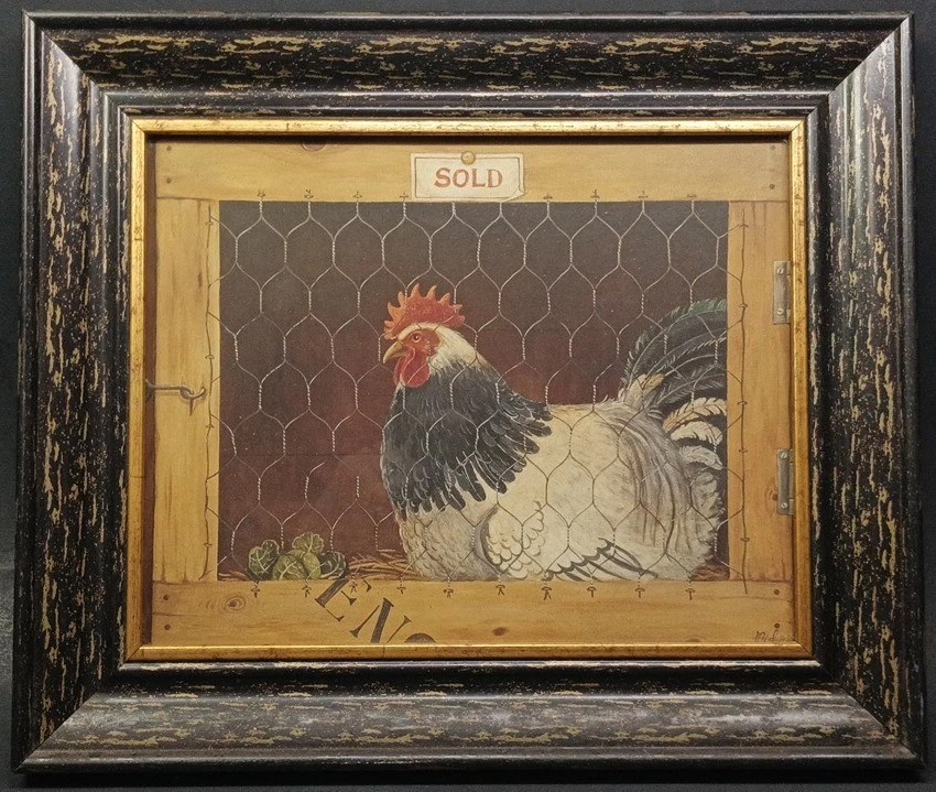 Vintage Mid 96 “Sold” Caged Chicken Painting Print 12.75″ X 10.75″ Framed
