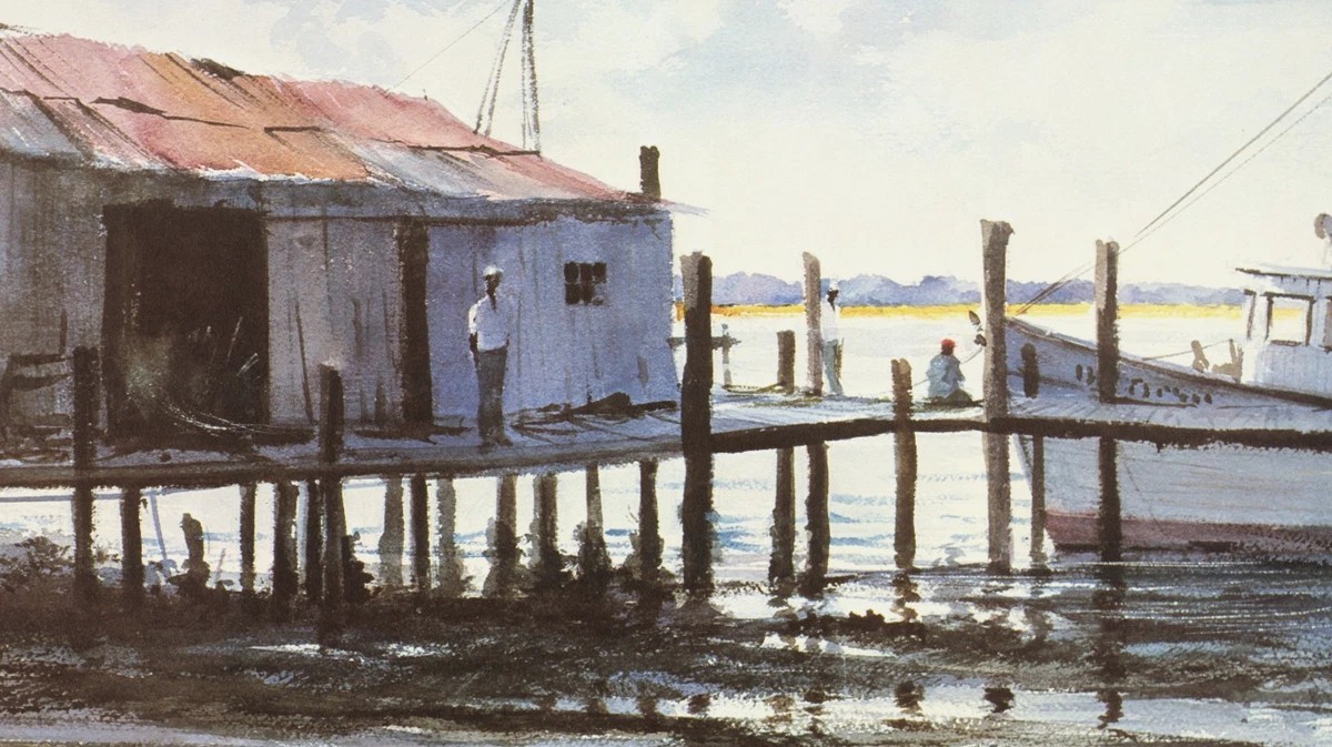 1983 Vintage Print Shrimpers Rest on the Dock South Carolina Watercolor Image