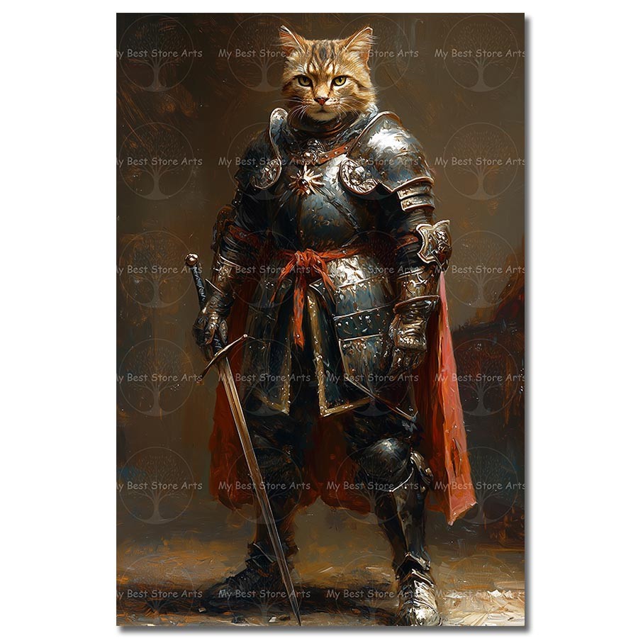 Dark Armor Tabby Cat Guard Art Print, Medieval Hero Poster, Gallery Wall Decor