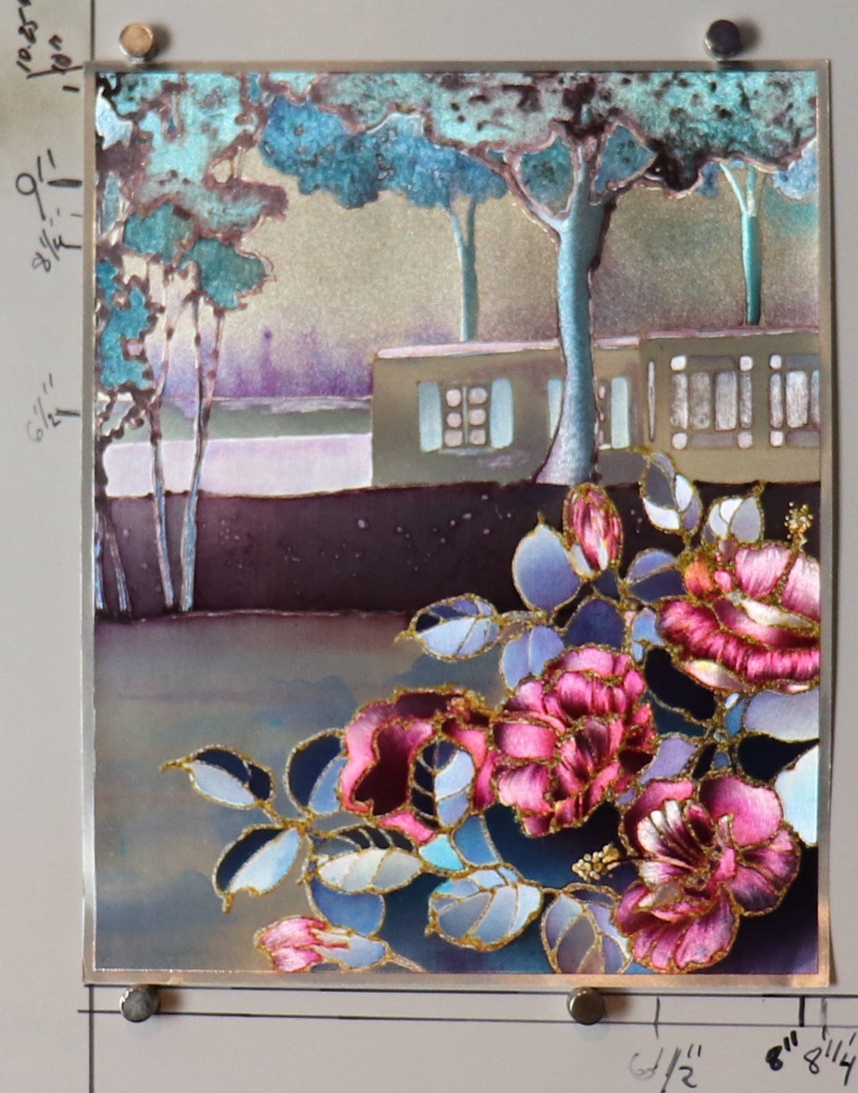 flowers in silhouette Vintage Dufex Foil Art Print 8.25″X10.25″ NOS (g1)