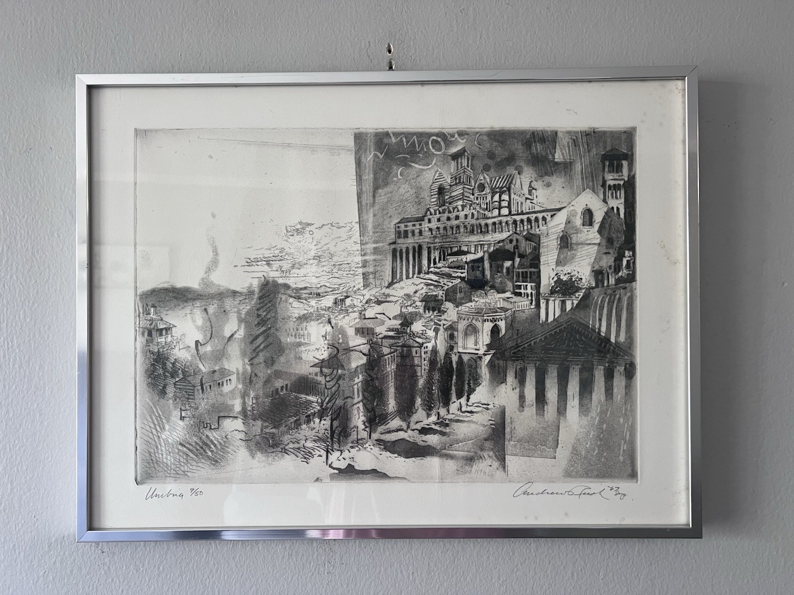 Vintage Art Etching Italian Landscape Umbria 1967 Numbered, Signed Andrew Rush