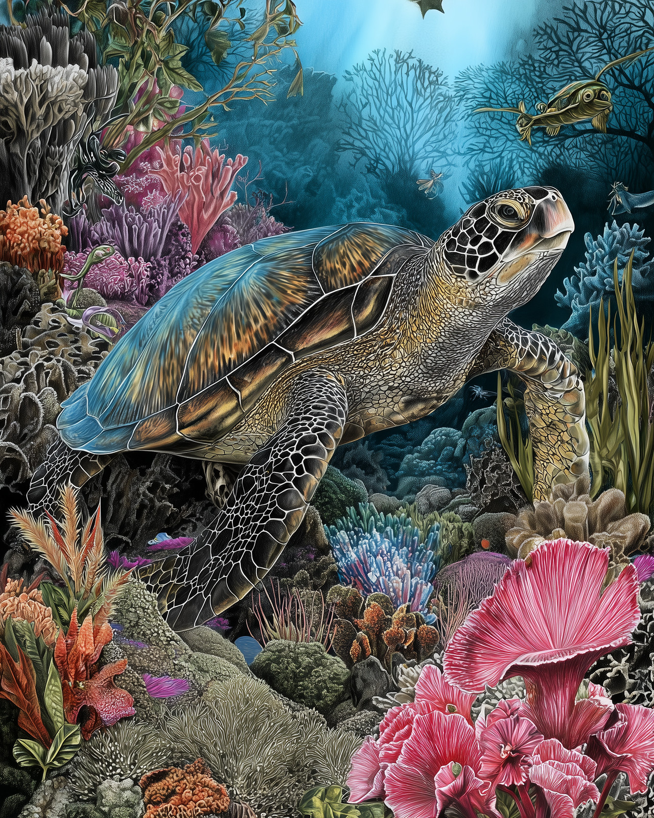 8×10 Sea Turtle Swimming Underwater Illustration – 441712137