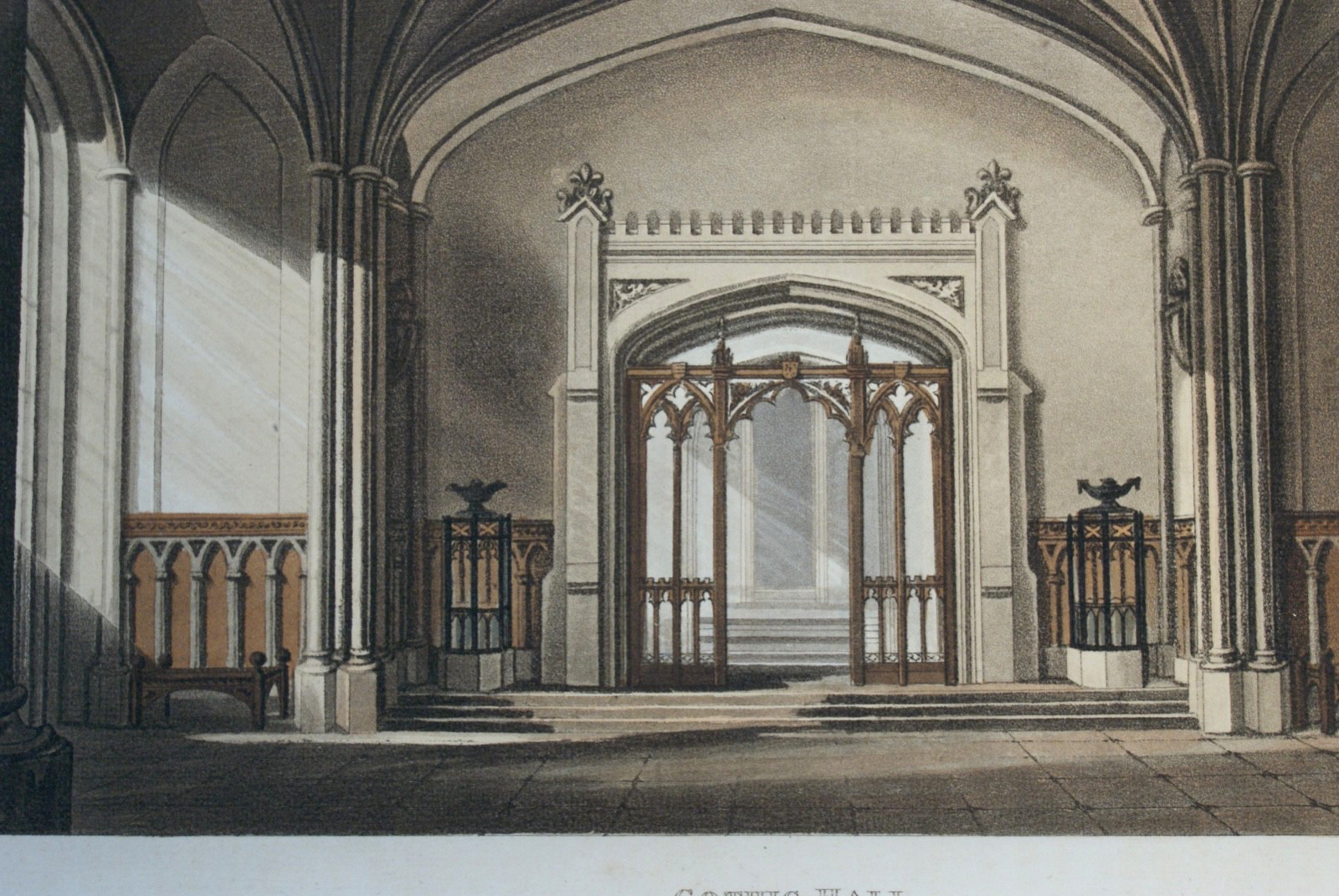 Pair Antique Ackermann Aquatints, Marine Villa & Gothic Hall, Unframed 1827 1813