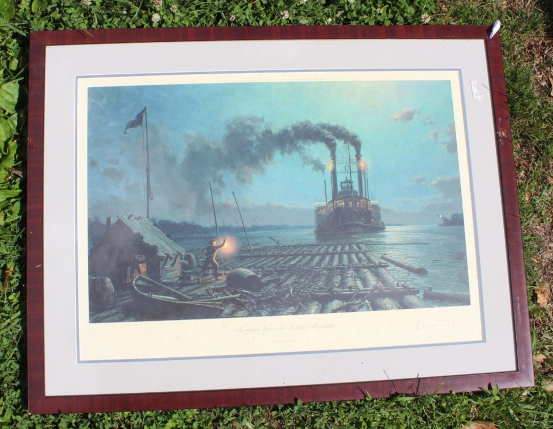 Moonlight Encounter on the Mississippi by John Stobart print 20/750 Framed