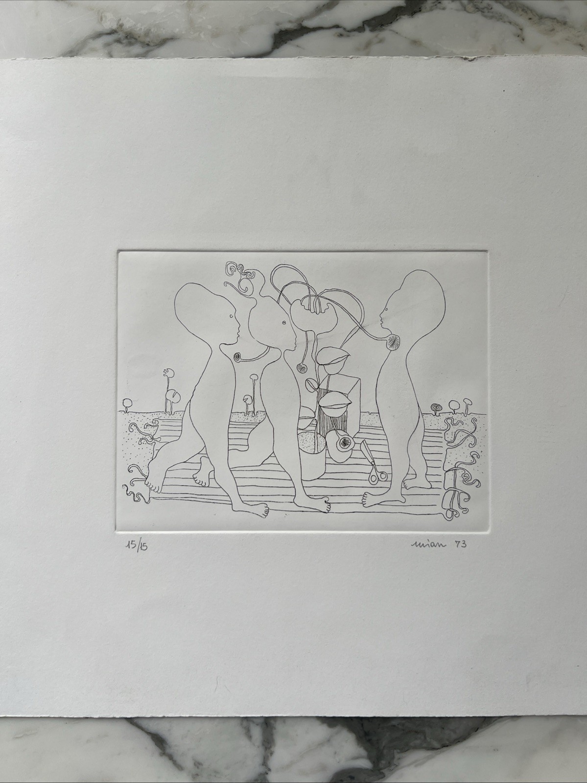 Mystery Print Unknown Artist Signed Dated European 1973 Etching Surrealist