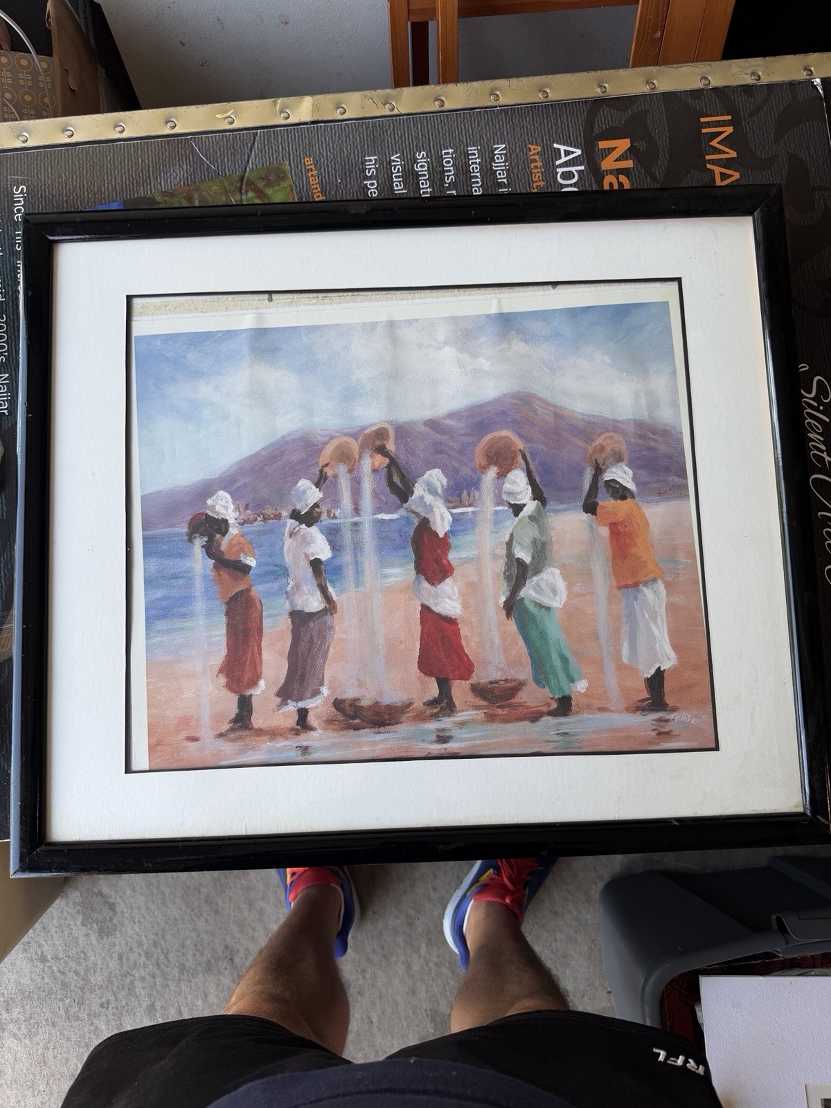 Large Framed Canvas Art Women at Shore Vintage Avon Print? 24×28 in Handwritten