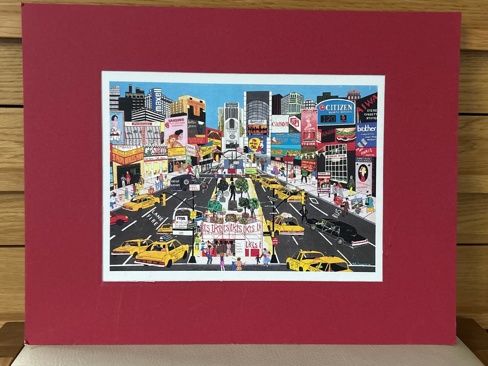 Pat Singer New York City “Times Square” Print with Red Border 45cm X 35cm