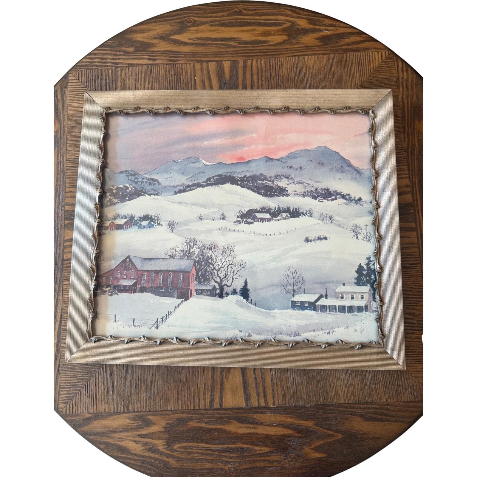 Vintage Winter Farmhouse Print – Ornate Silver Frame Snowy Mountain Sunset Art
