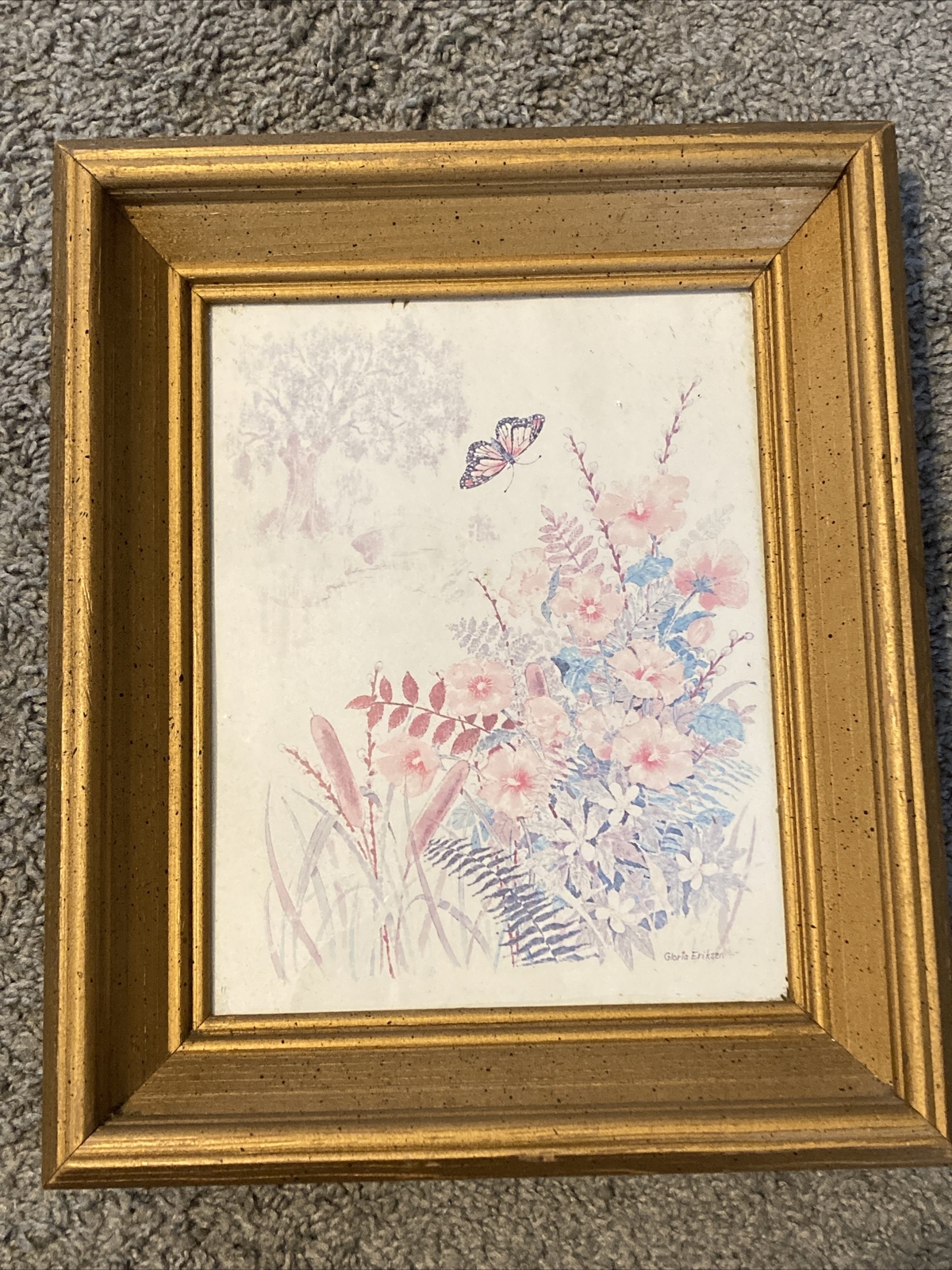 Vintage GLORIA ERIKSEN Print With Thick Frame. 11 1/4”x13 1/4”. Butterfly Floral