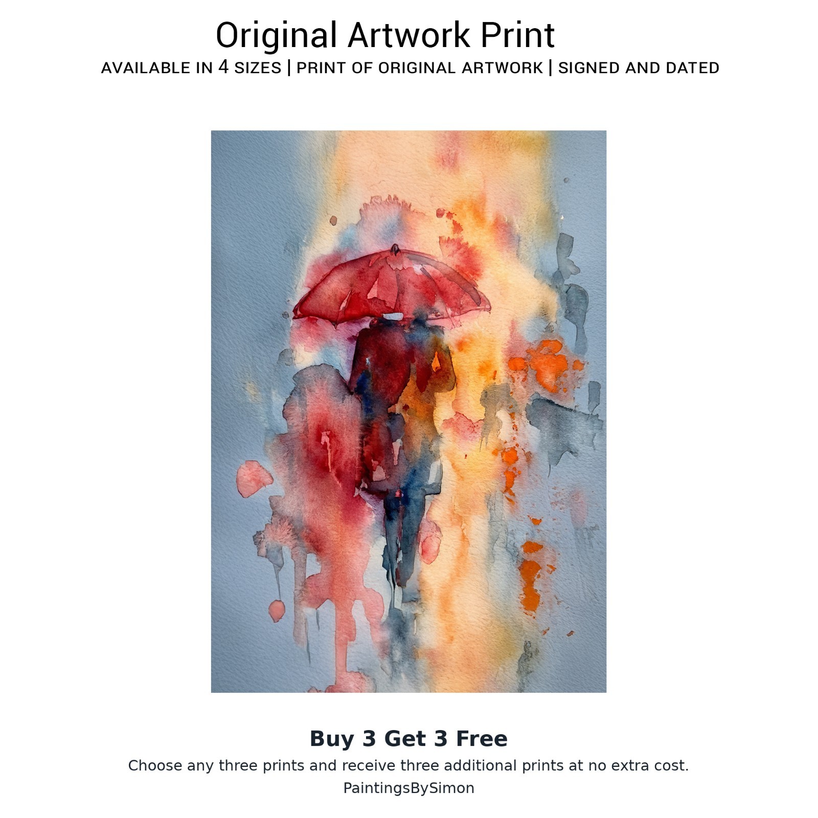 Red Umbrella Wall Art | Print on Matte Paper | Rainy Figure Watercolor