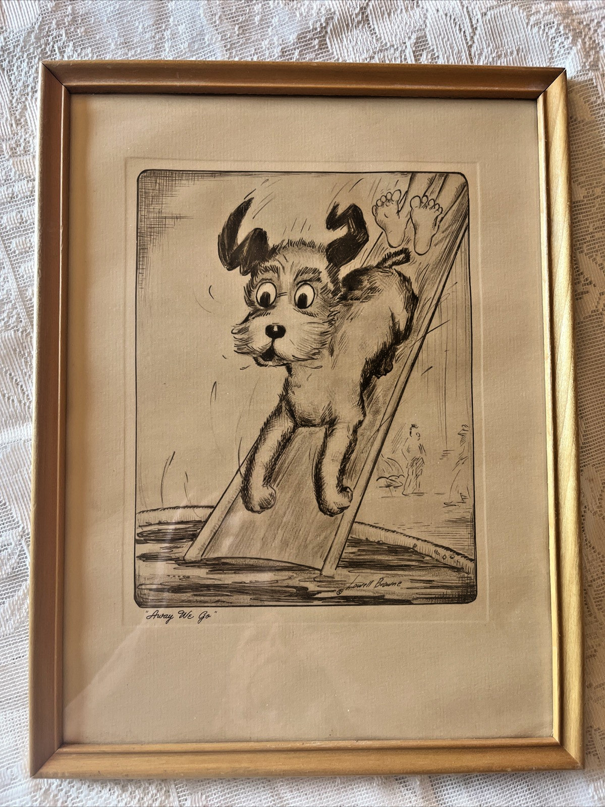 Vintage dog slide away we go print Lowell Browne 9.75 X 12.75” 1/2” 1950s Signed