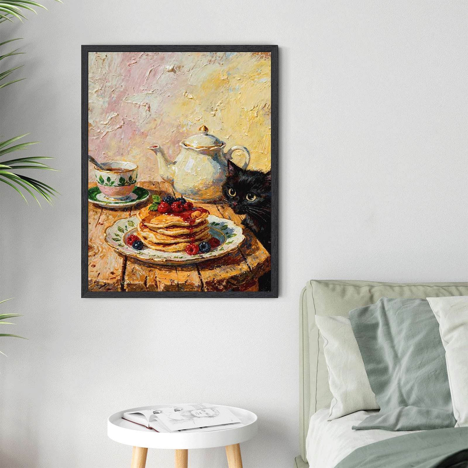 Black Cat & Pancakes Still Life Wall Art Canvas Oil Paintings Reproduction