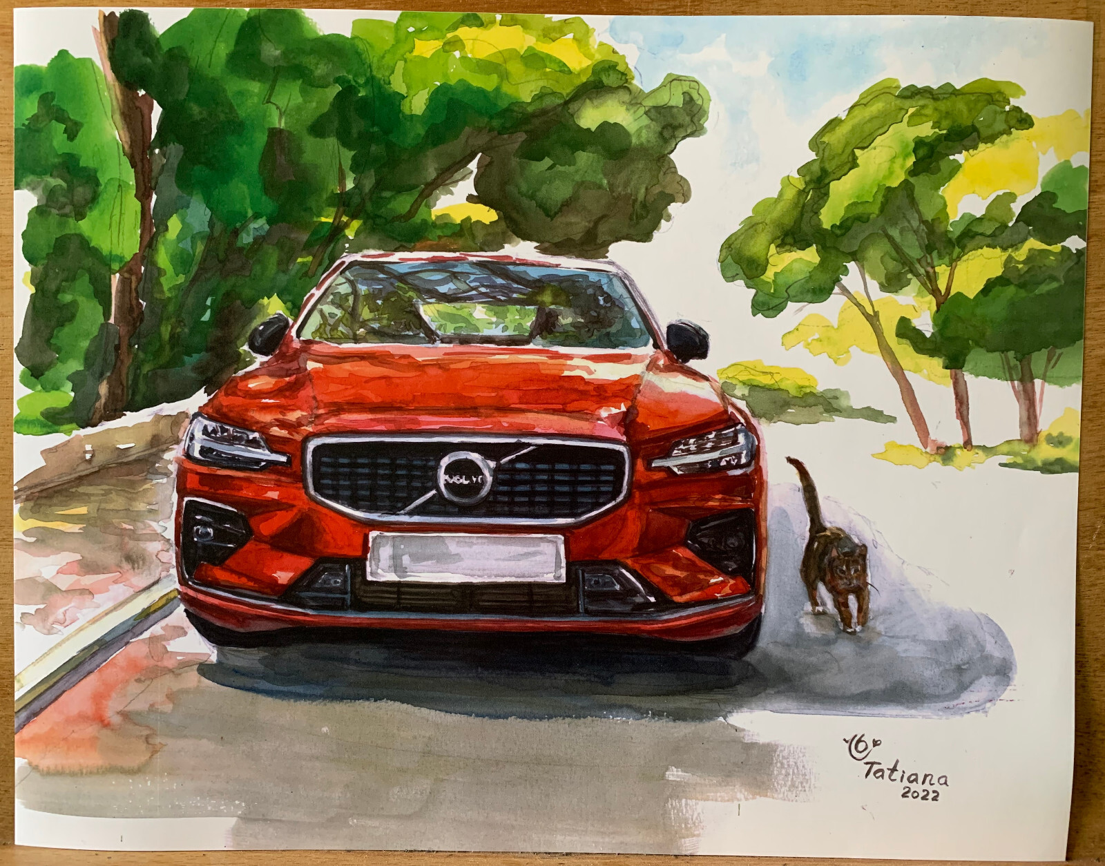 Volvo S60 and Cat – original car art print from a watercolor painting