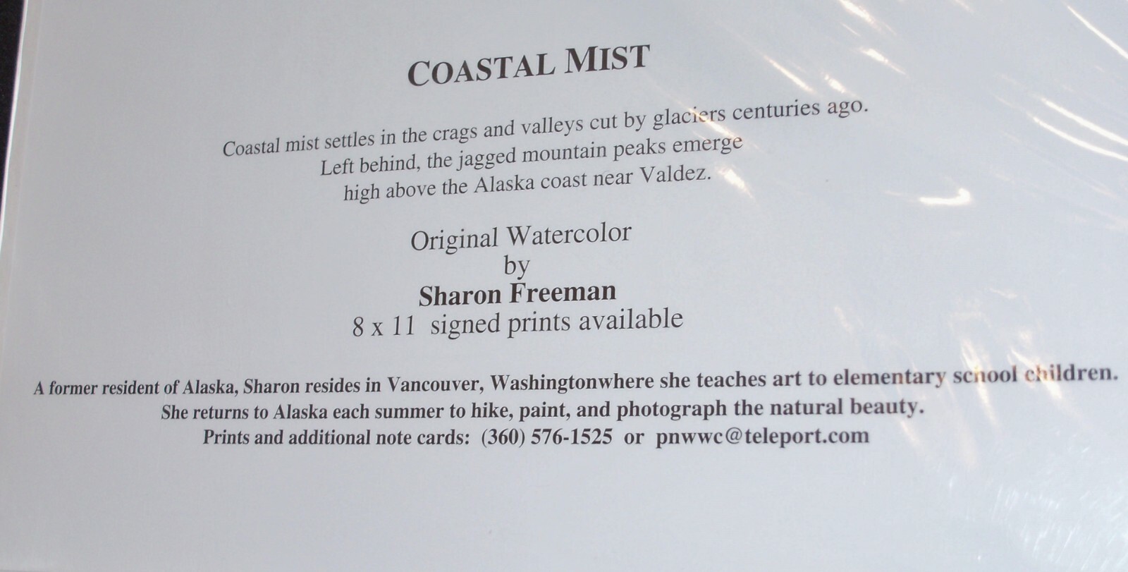 SHARON FREEMAN WATERCOLORIST PRINT “COASTAL MIST” FROM SCENIC ALASKA AREA