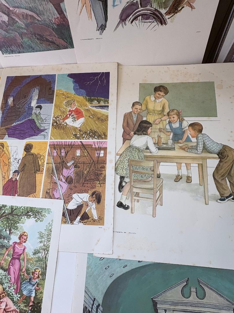 Vintage Lithograph 1960s Beginner Teaching Pictures 60 Prints + 4 books