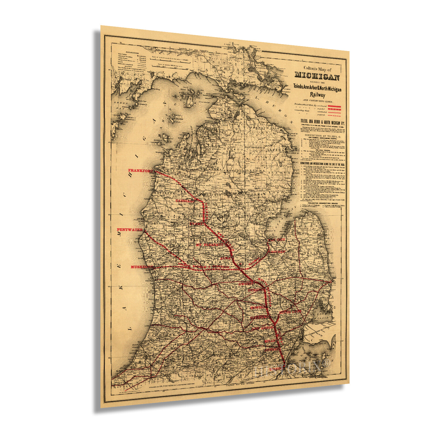 1886 State of Michigan Map Poster – Vintage Michigan USA Wall Art Decor Print