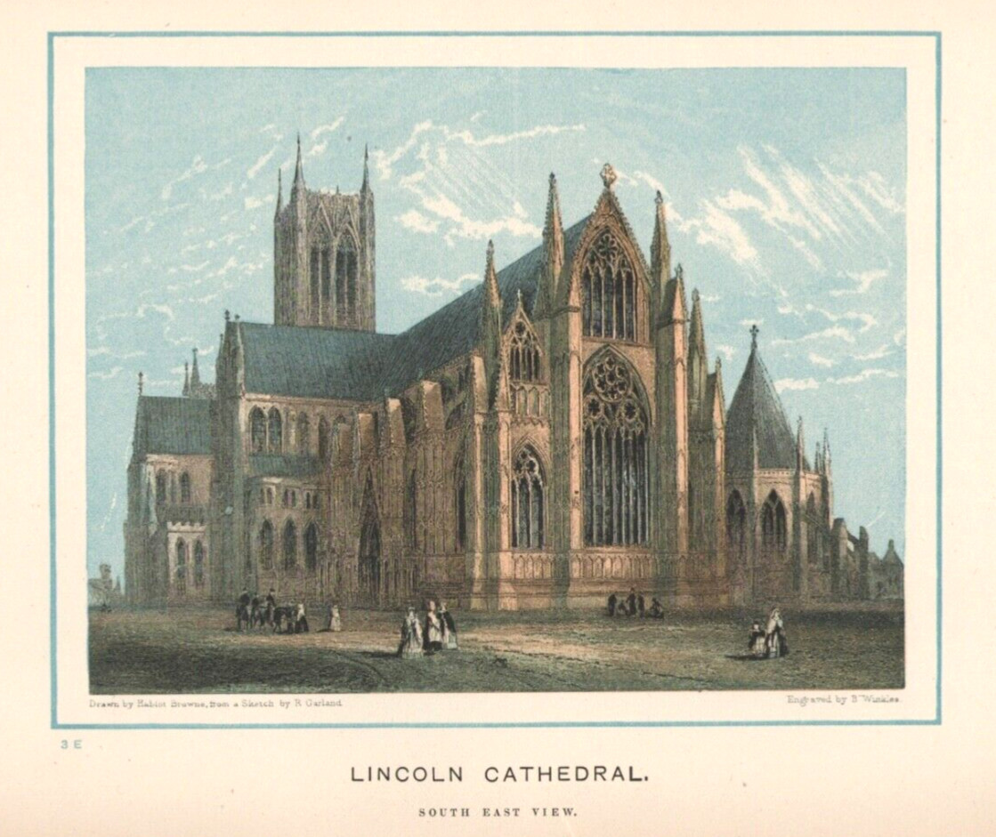 Antique Engraving 1895 Lincoln Cathedral South East View Color Plate