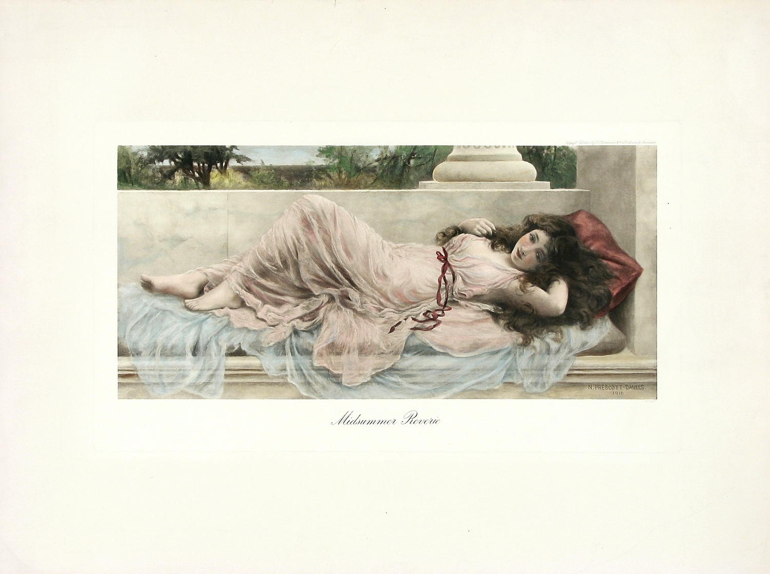 N. PRESCOTT-DAVIES Antique c1910 HandColored Print Pretty Girl MIDSUMMER REVERIE
