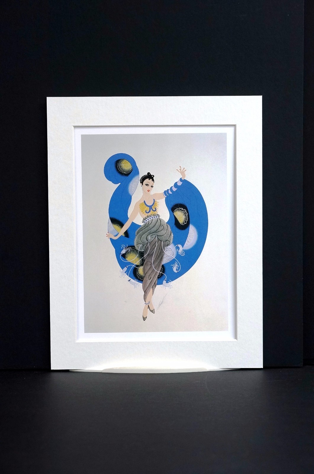 Erte 1987 A DREAM LADY in BLUE Bracelets Necklace Tassels Art Deco Matted Print