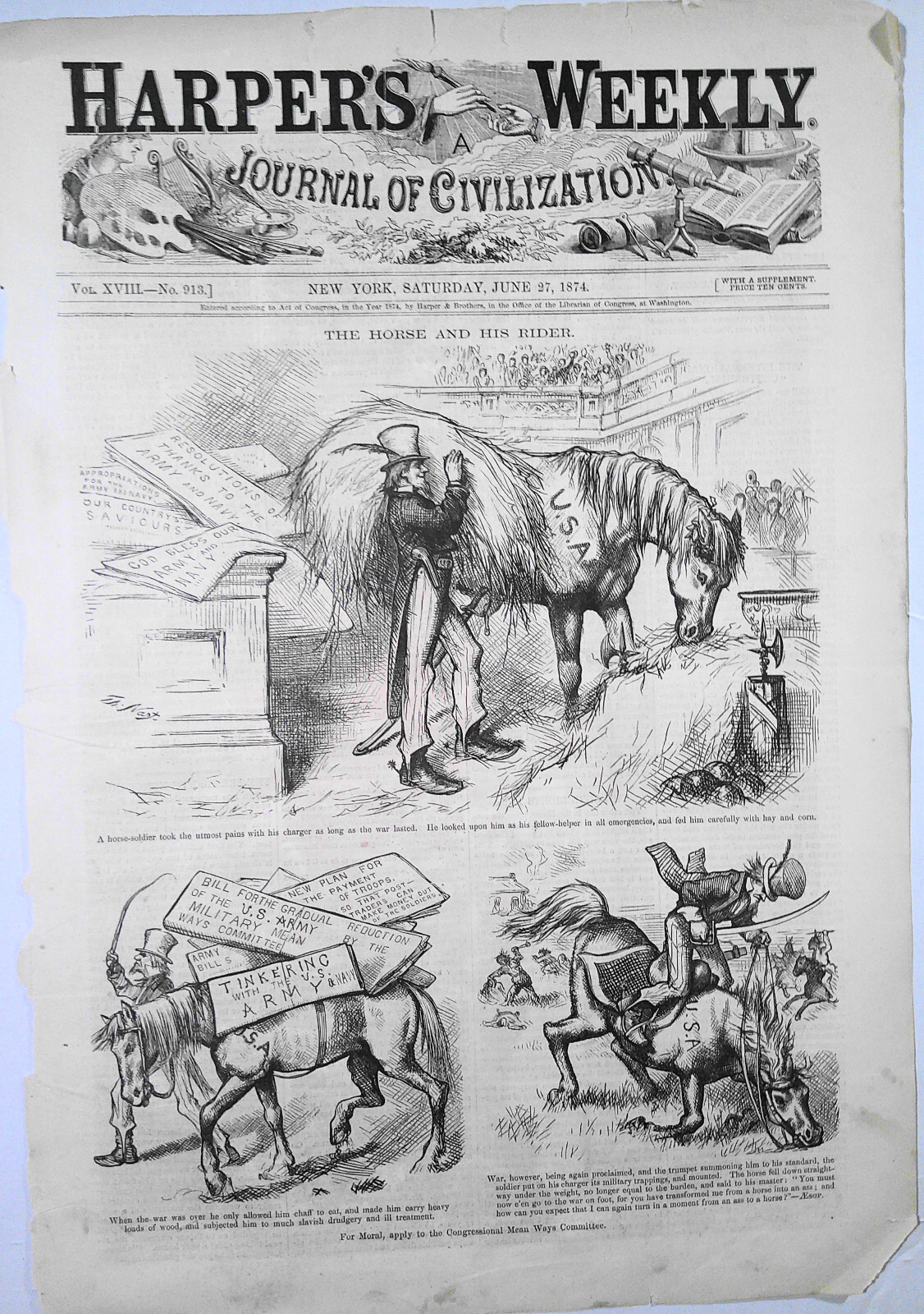 The Horse and His Rider – Harper’s Weekly, June 27, 1874 – Front page – 3 prints