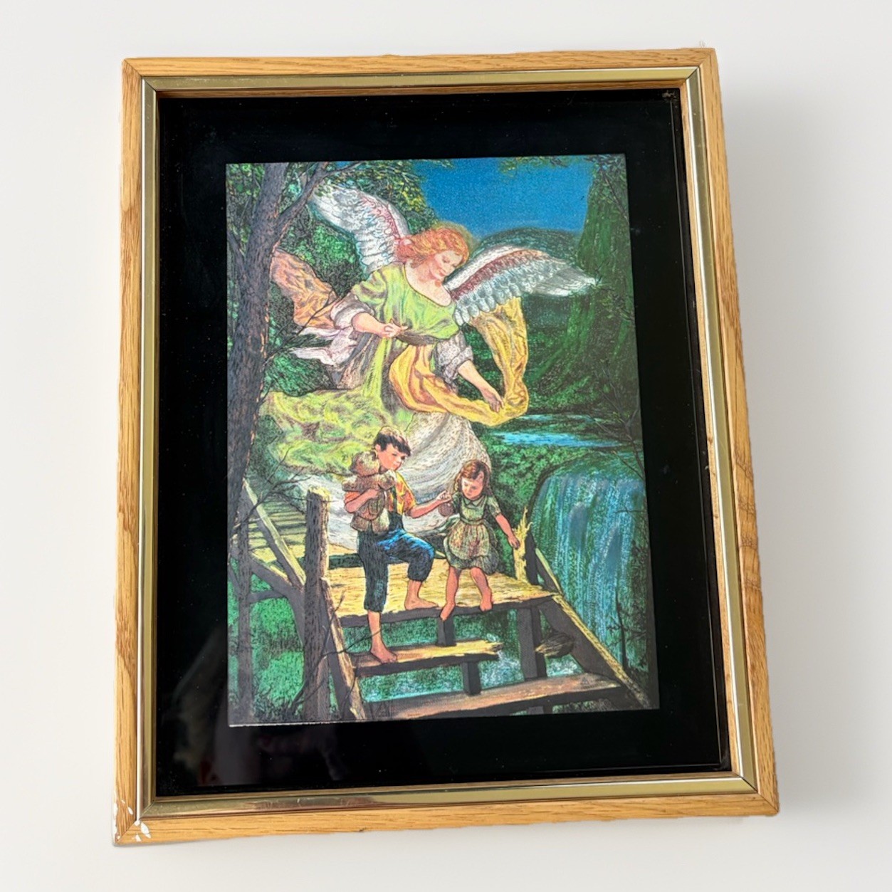 Guardian Angel Watching Over Children Foil Print Framed 9.75×11.75