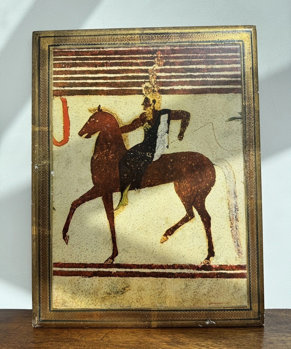 Italy 60s Fratelli Alinari 42cm Horseman Facing Left Gold Gilded Print On Wood