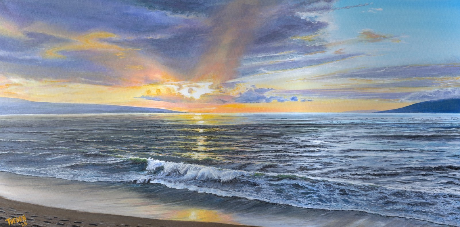 Hawaiian Sunset, Beach, Waves, Artist Signed Giclée Canvas Print 16″ x 30″ COA