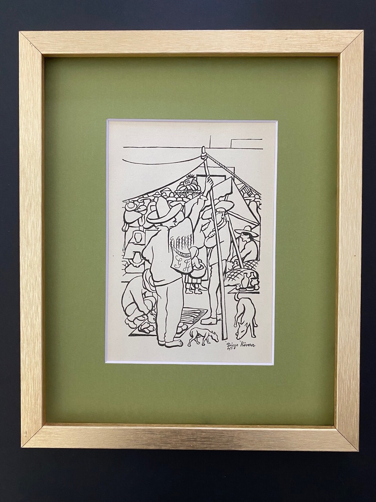DIEGO RIVERA ORIGINAL 1938 SIGNED GRAVURE MATTED AND FRAMED$ $
