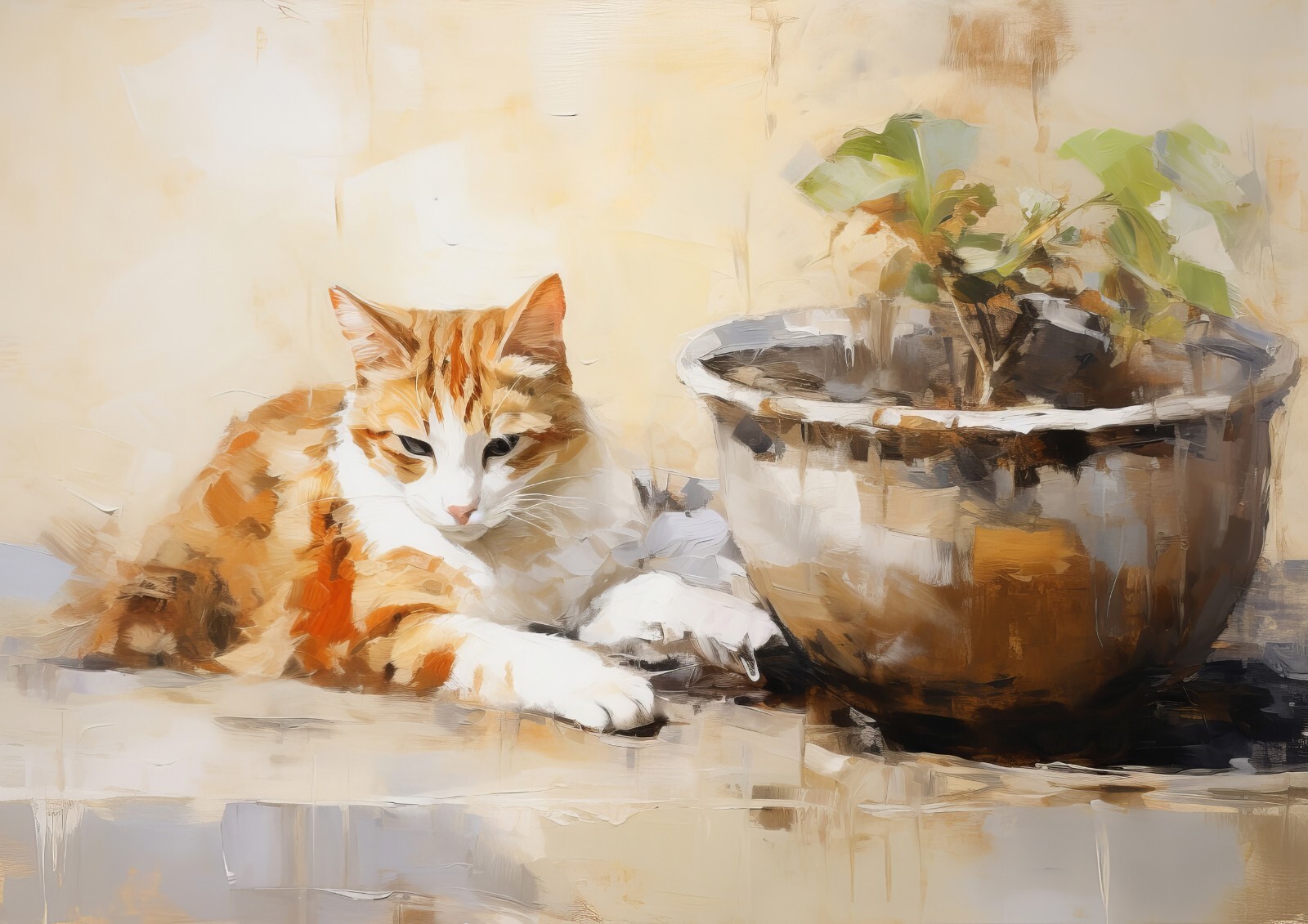 Calm Warm Ginger Cat Oil 5″x7″ Print on Matte Paper | Relaxed Feline Art
