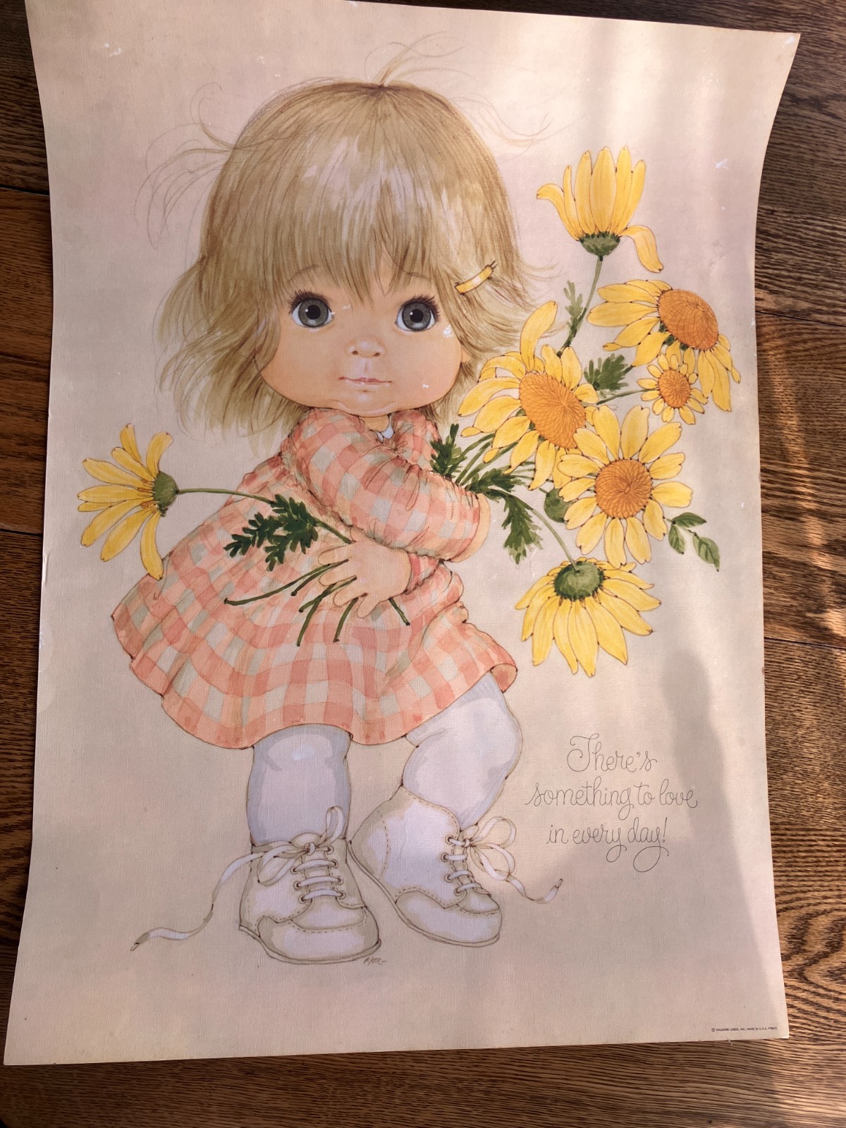 Vintage Hallmark Print Poster 70s 80s Retro Big Eyed Girl Flowers Yellow Daisies