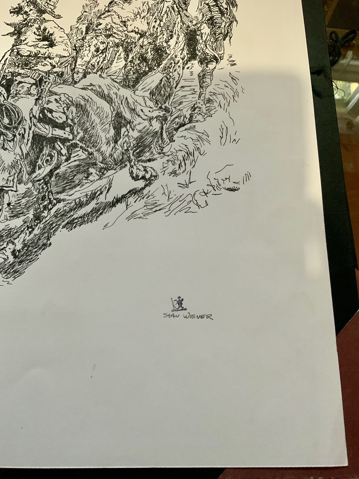 Original Ink On Paper Drawing Cowboys, rare and unusual shape