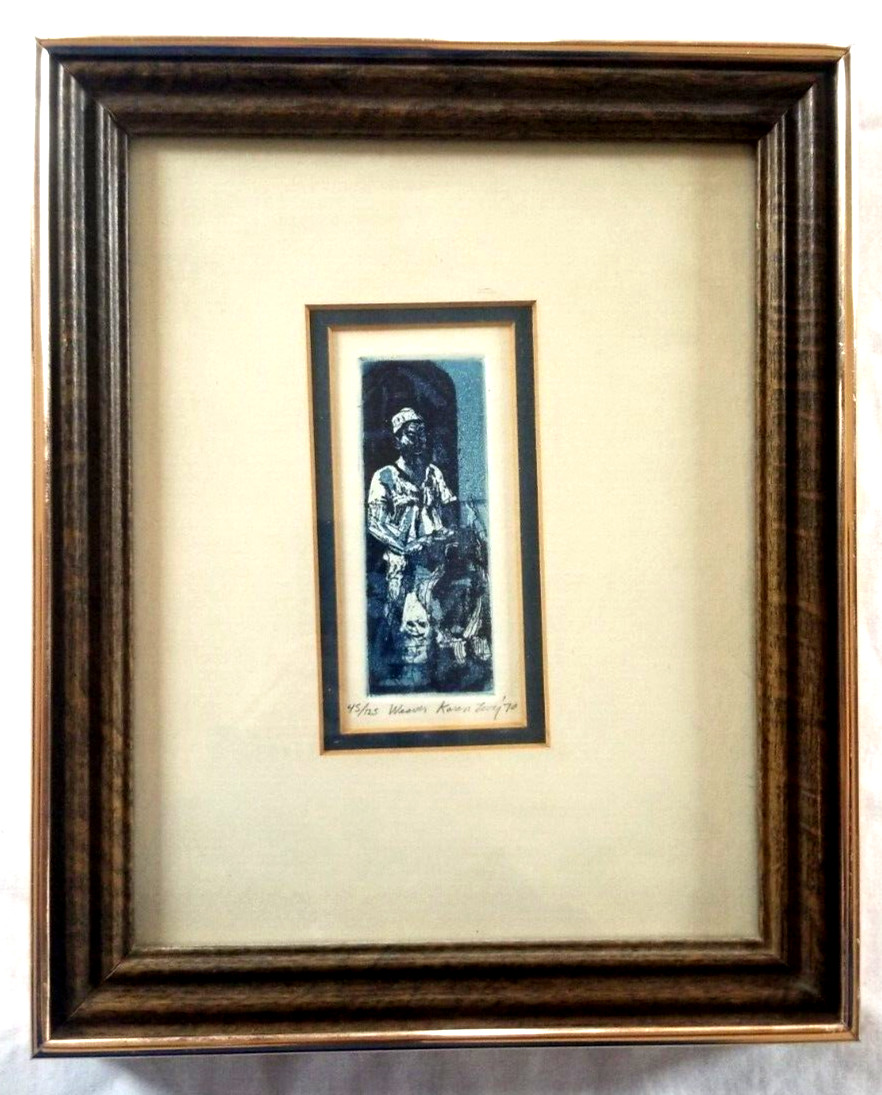 Karen Levy Chinese Weaver Portrait Monotype Block Print Blue White Framed 45/125