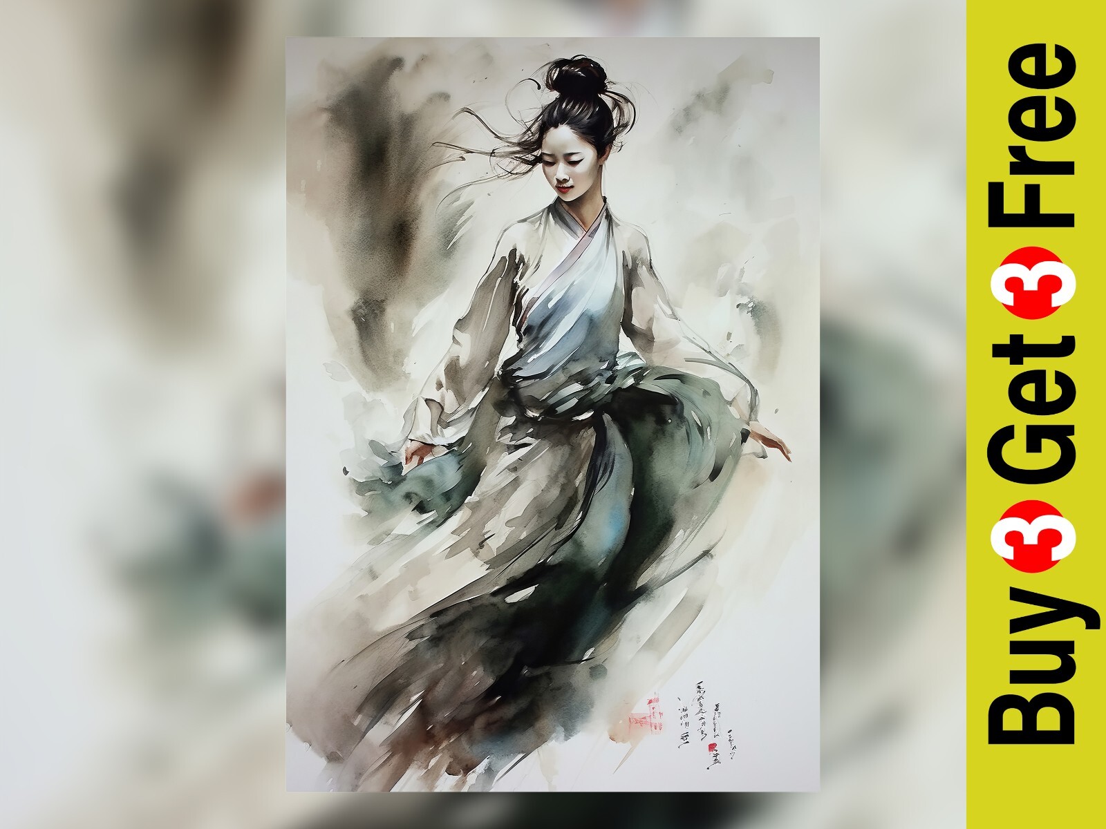 Elegant Traditional Watercolor Geisha Art Print 5″ x 7″ Inch Decor