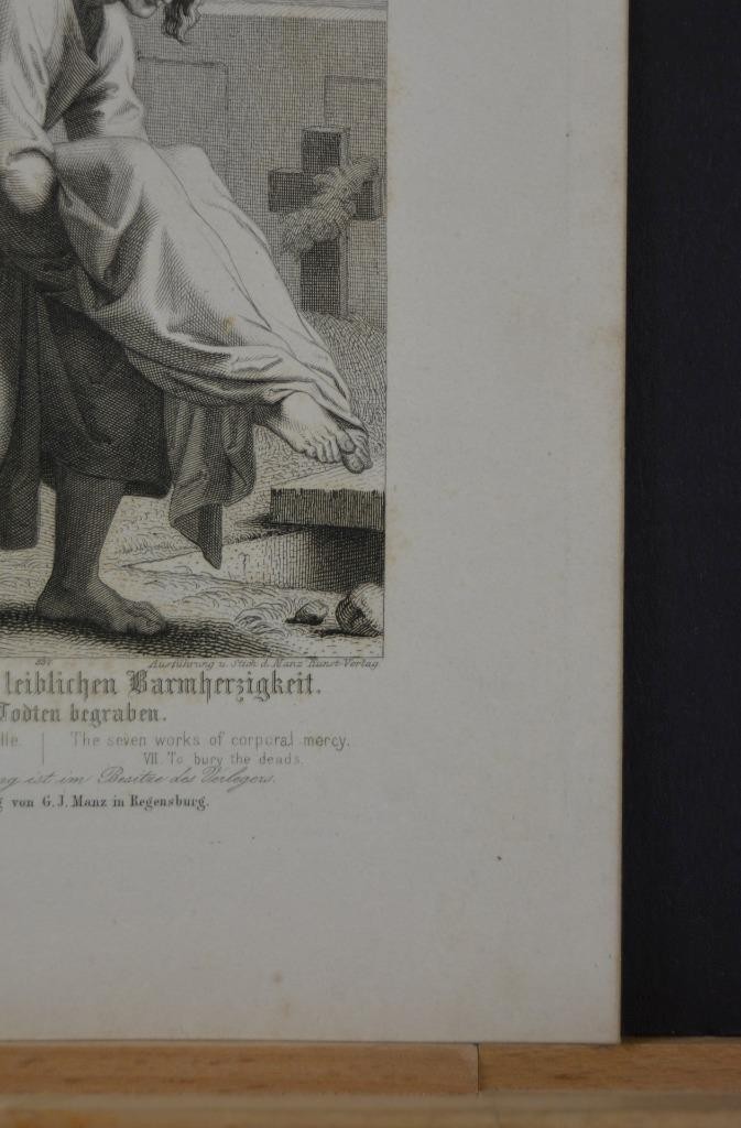 Antique Religious Art Corporal Mercy Bury the Dead 1869 Original Manz