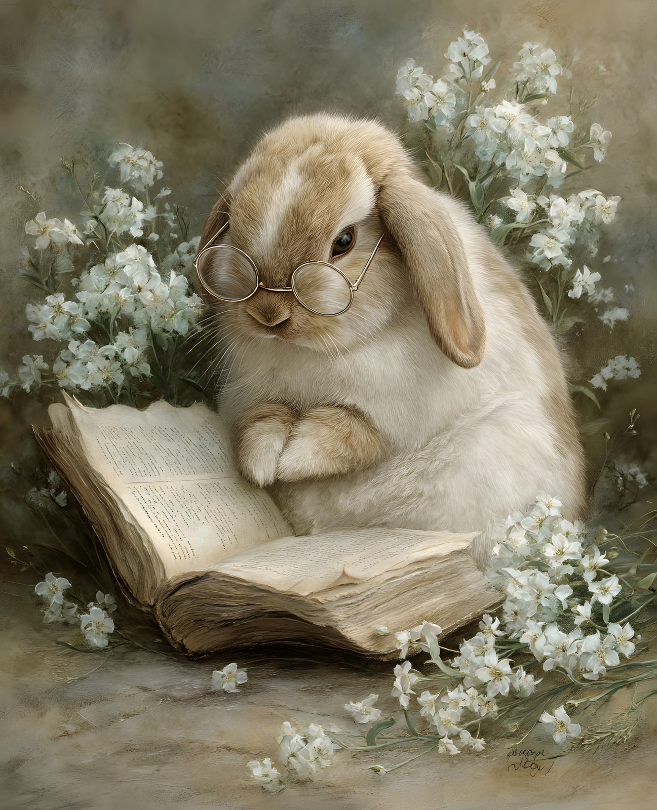 8×10 Rabbit Wearing Glasses Reading a Book Art Print – 410971104