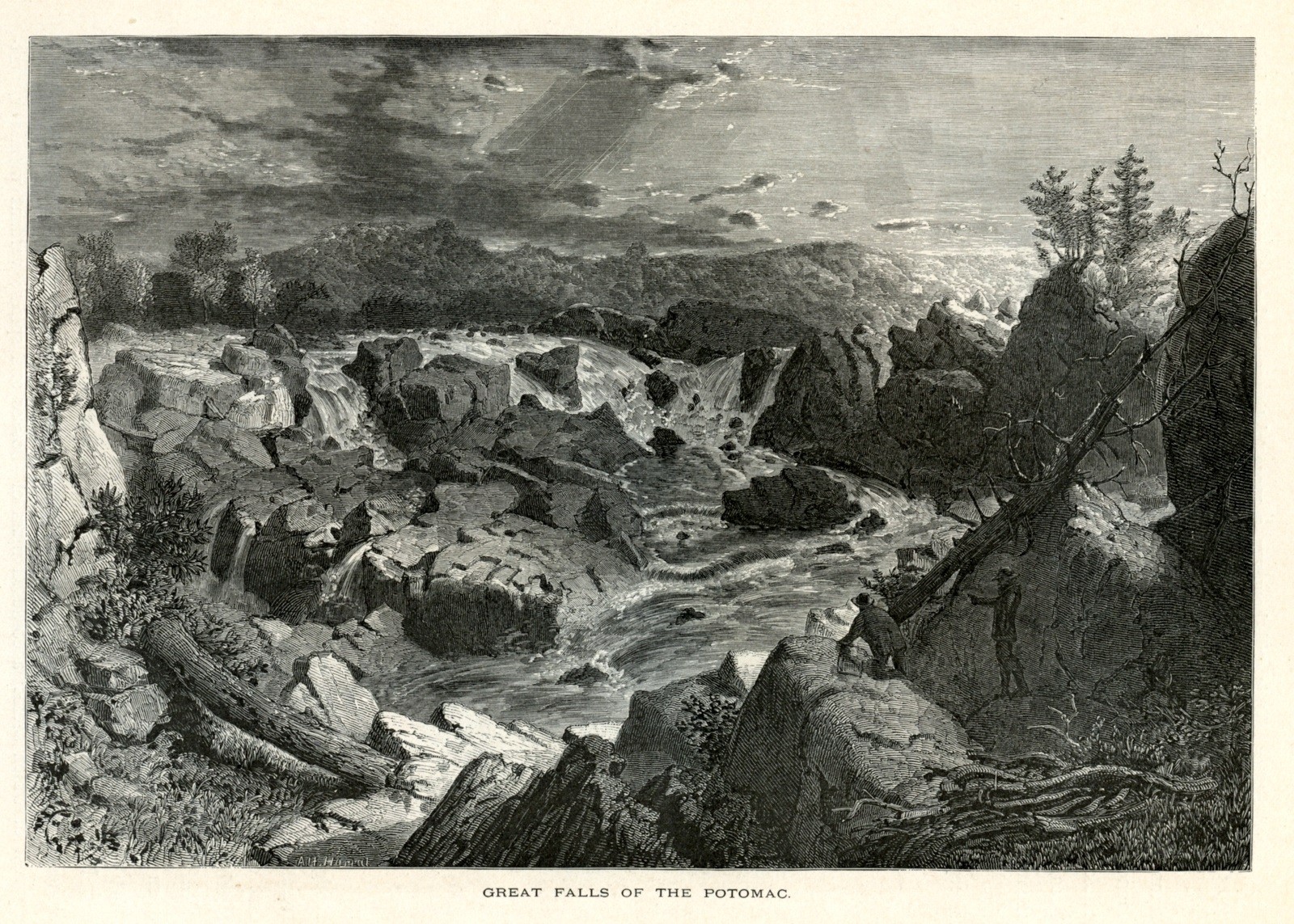 Great Falls of the Potomac, Historic America 1874 Antique Engraving