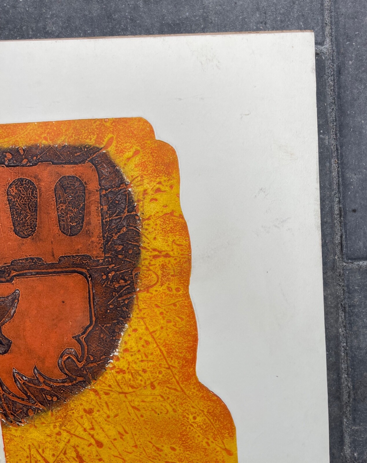Vintage Abstract Orange Rust Brown Embossed Print Modern Art Wall Hanging Signed