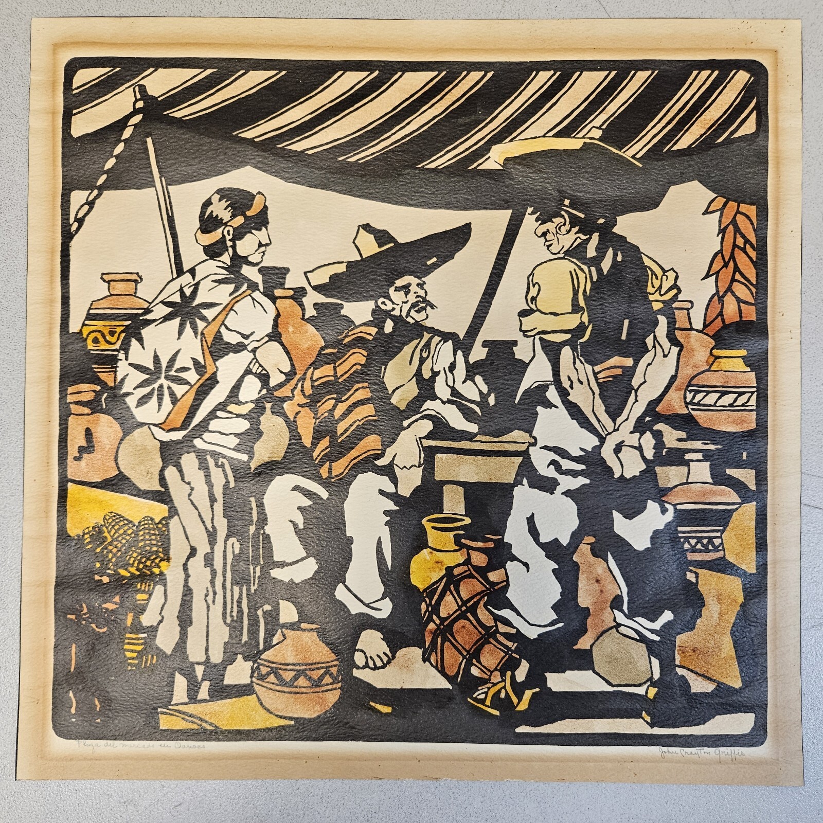 Vintage 1930s OAXACAN PLAZA Mexico Hand Colored Print MGM artist JOHN C. GRIFFIS