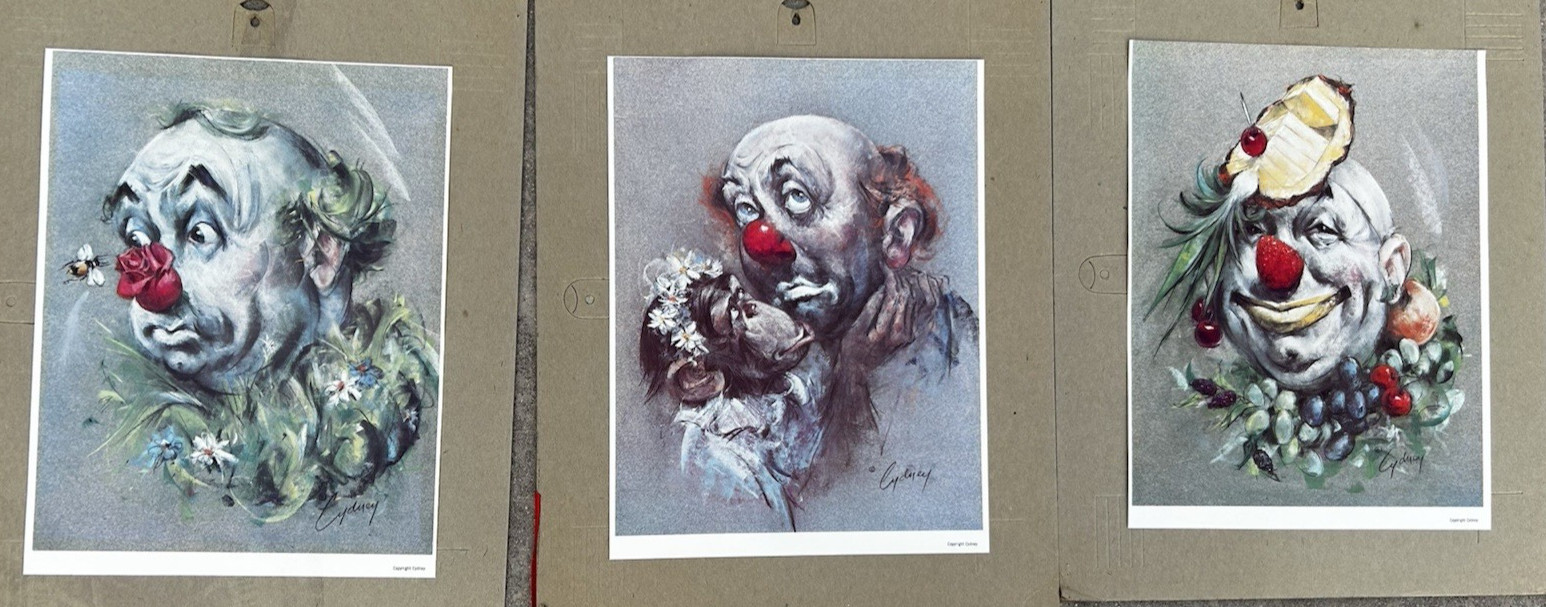 Lot of 3 Vintage Clown Prints Circus Art Paper Ephemera Collectible Cydney Gross