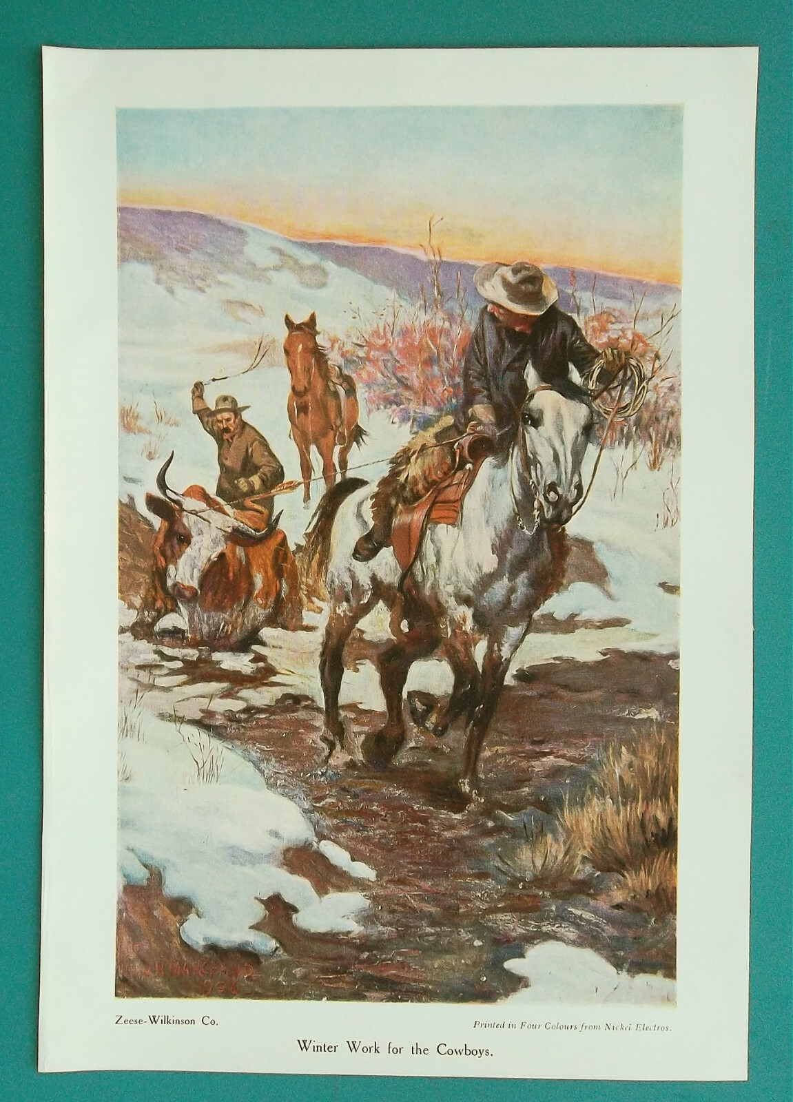 COWBOYS on Horses Hard Winter Work Bull – 1908 COLOR Antique Print