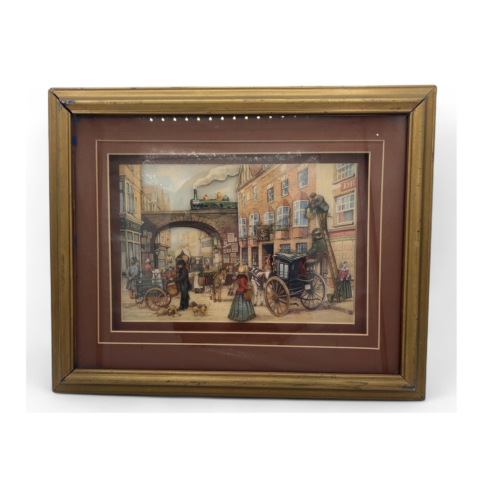 Framed Victorian Street Scene Print, Vintage Art Print with Gold Frame, Used
