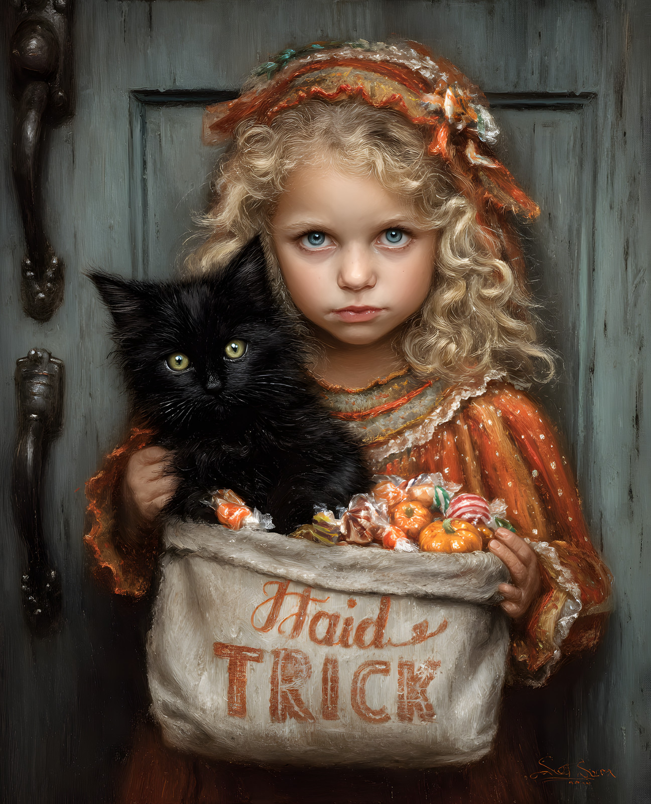 Little Girl in Orange Dress Holding Black Cat and Candy Bag Print – 464594850