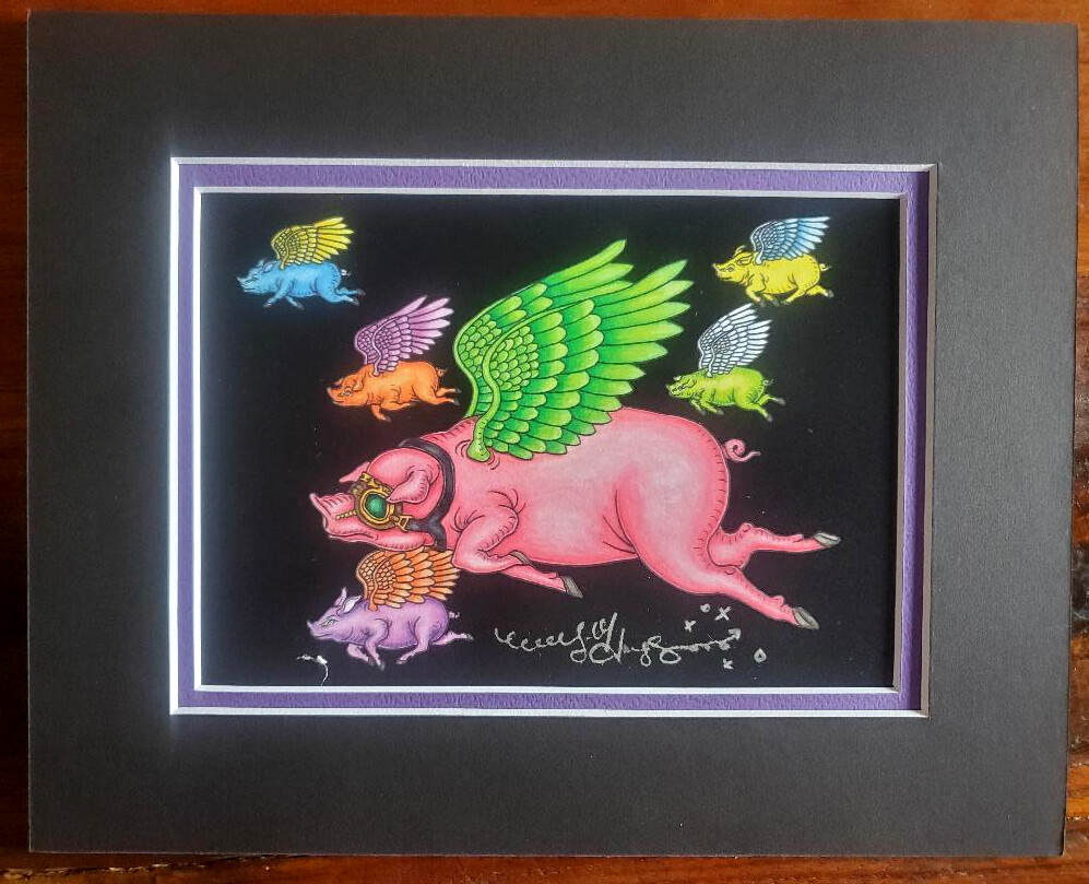 FLYING PIG, New Orleans Artist Jamie Hayes, SIGNED, double matted 8×10